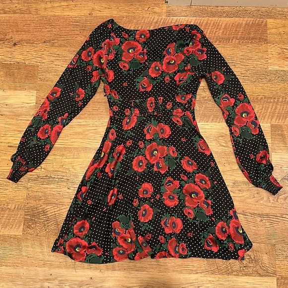 Free People Pin Up Style Red Rose & Polka Dot Long Sleeve V Neck Dress A13 - Picture 2 of 4